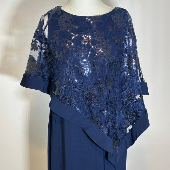 NWT R&M Richards Navy Blue 1 Piece Sequin Lace Poncho Sheath Dress Womens Size 8 - Picture 6 of 16